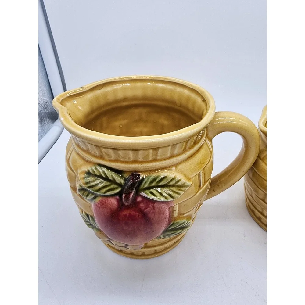 Vintage Ceramic Apple Basketweave Measuring Cup Set Yellow Farmhouse Pitchers